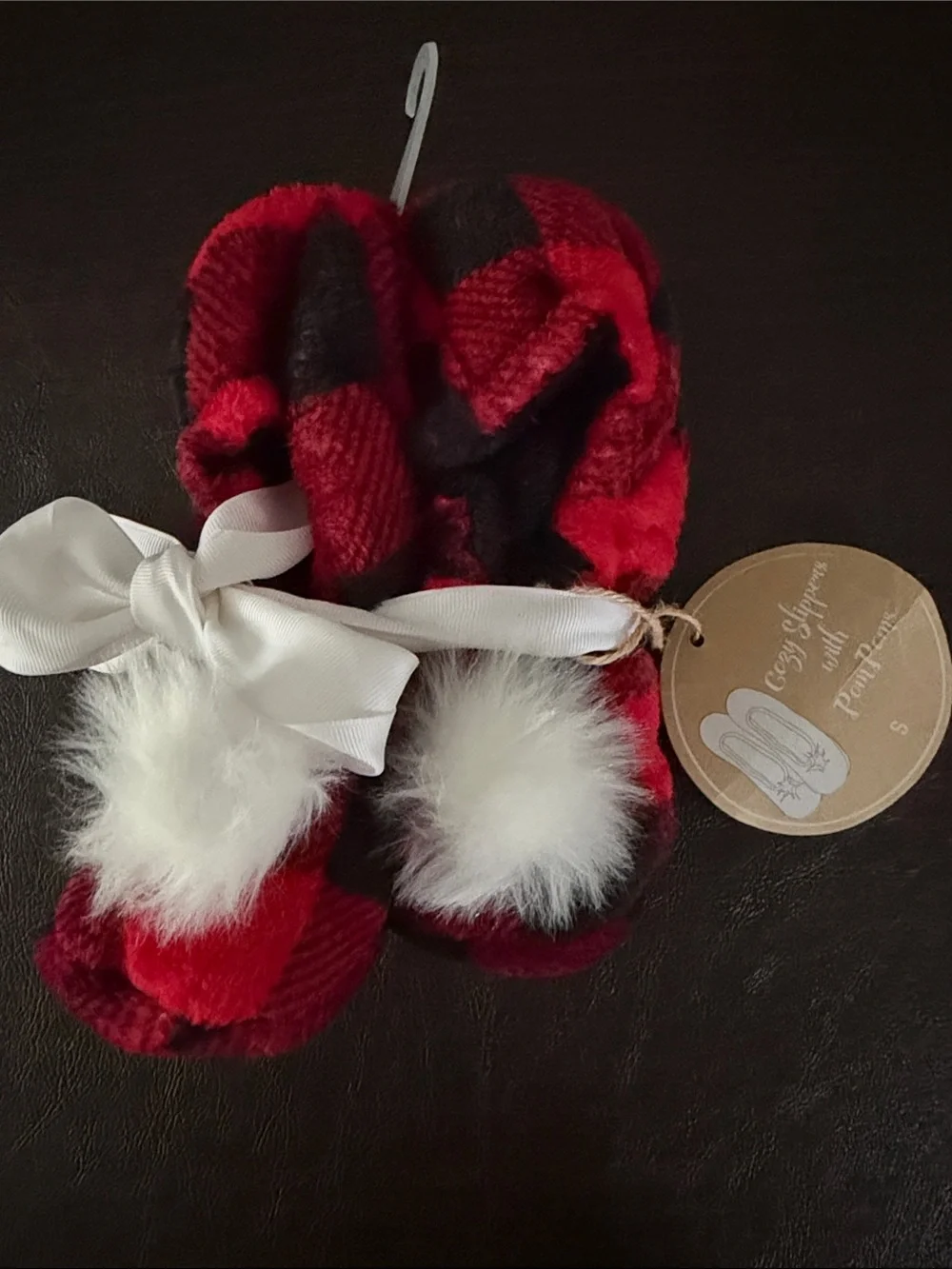 Cozy Red Plaid Pom Pom Kids Slippers, slipper length 8 -8.5 inches